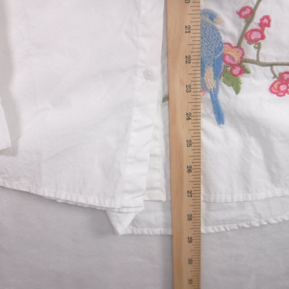 Paparazzi White Embroidered Bluebird Floral Button Down Shirt XL Roll Tab Sleeve - Picture 10 of 10